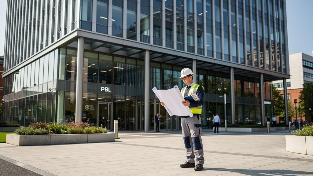 Commercial property surveyor in Birmingham assessing a modern office building exterior in the West Midlands