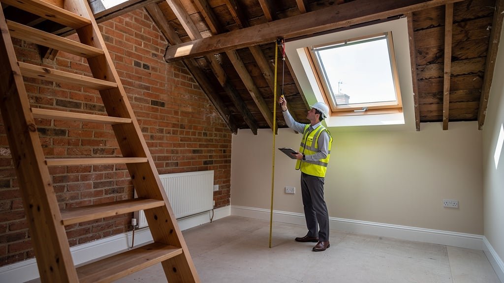 RICS surveyor inspecting a loft conversion interior in a Birmingham Victorian terraced house, measuring ceiling height near a dormer window