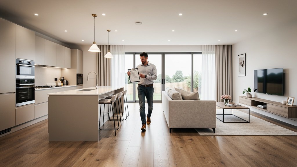 Modern open-plan new build property interior in Birmingham being inspected during a professional snagging survey