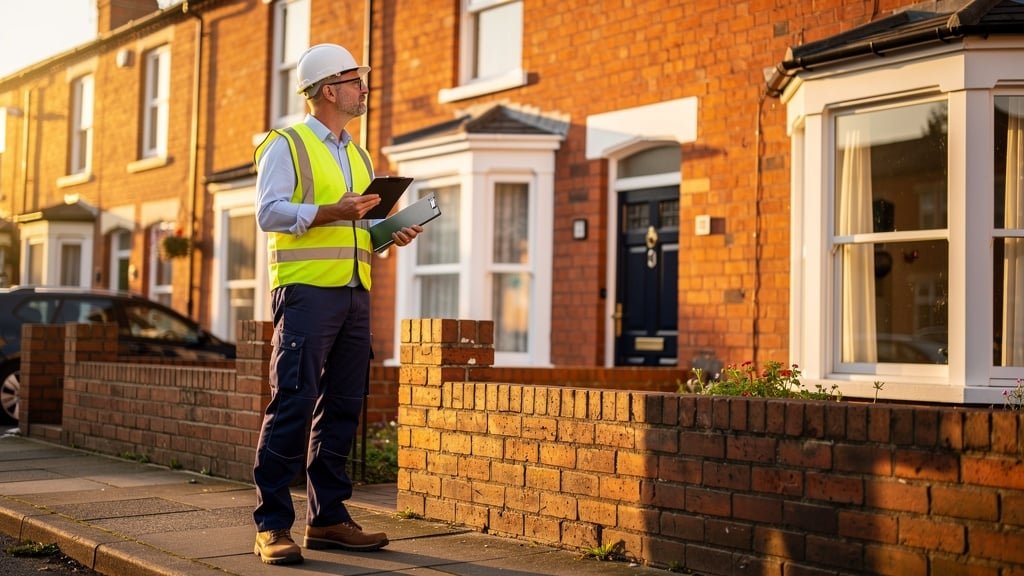 RICS building surveyor from Birmingham Surveyors UK inspecting a Victorian property — professional service regulated by the Royal Institution of Chartered Surveyors