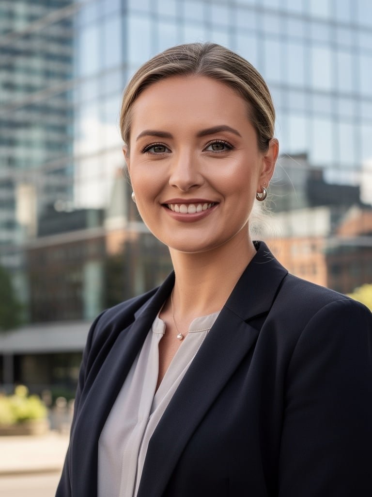 Priya Sharma, Lead Residential Surveyor at Birmingham Surveyors UK, standing outside a Birmingham office building
